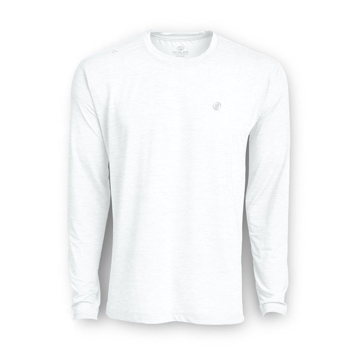 White long sleeve active performance shirt from Scalesgear.com, featuring a sleek, lightweight design ideal for workouts and active wear.