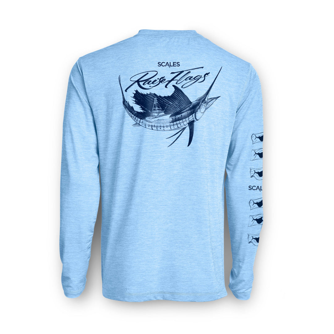 Long sleeve active performance shirt in powder blue by Scalesgear.com, featuring a lightweight, breathable fabric and sleek design.