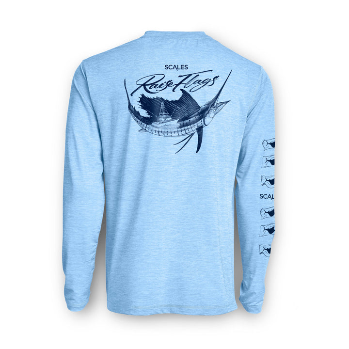 Long sleeve active performance shirt in powder blue by Scalesgear.com, featuring a lightweight, breathable fabric and sleek design.
