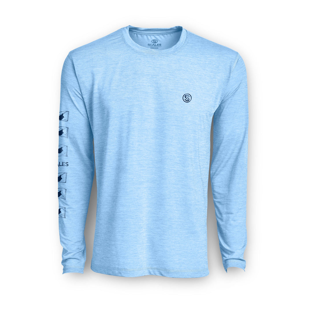 Long sleeve active performance shirt in powder blue by Scalesgear, featuring breathable fabric and sporty design.