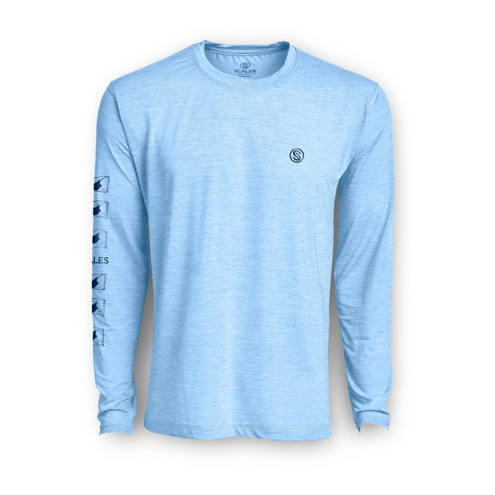 Long sleeve active performance shirt in powder blue by Scalesgear, featuring breathable fabric and sporty design.