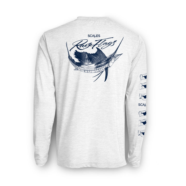 White long sleeve active performance shirt by Scalesgear.com with Popping Sails logo, designed for active wear and athletic comfort.