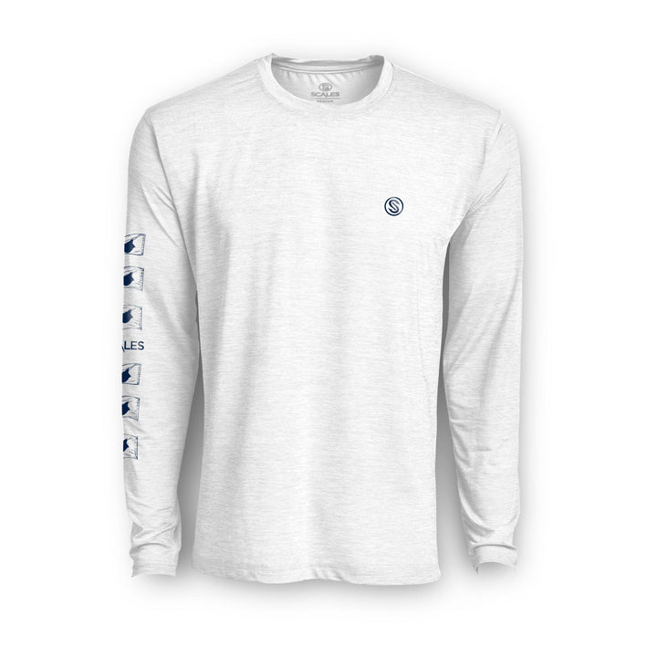 White long sleeve active performance shirt by Scalesgear.com with Popping Sails design, suitable for workout and active wear.