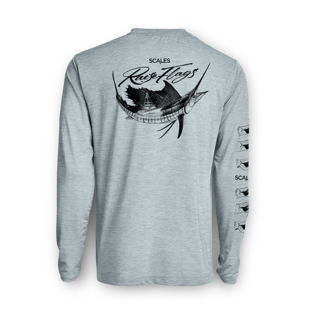 Grey Heather long sleeve active performance shirt by Scalesgear.com with Popping Sails design, fitted for athletic movement.