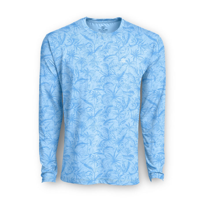 Powder blue heather long sleeve active performance shirt by Scalesgear.com with loose lines design.