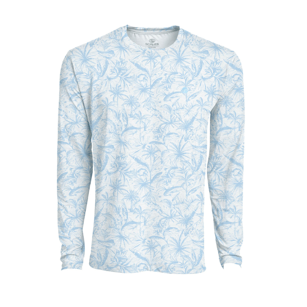 White long-sleeve active performance shirt by Scalesgear.com with a loose fit and technical fabric for athletic wear.