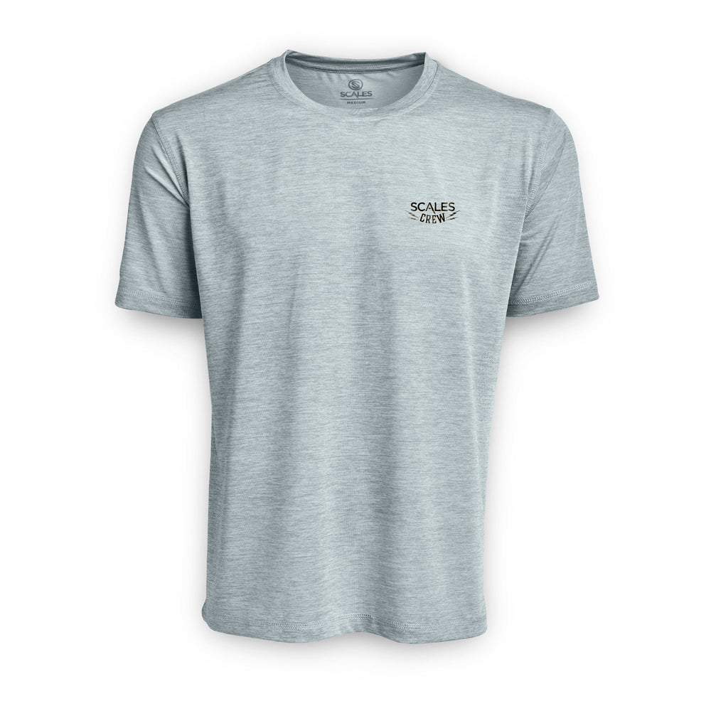 Blue and gold short sleeve active performance tee by Scalesgear.com, lightweight and breathable athletic shirt with grey heather fabric.