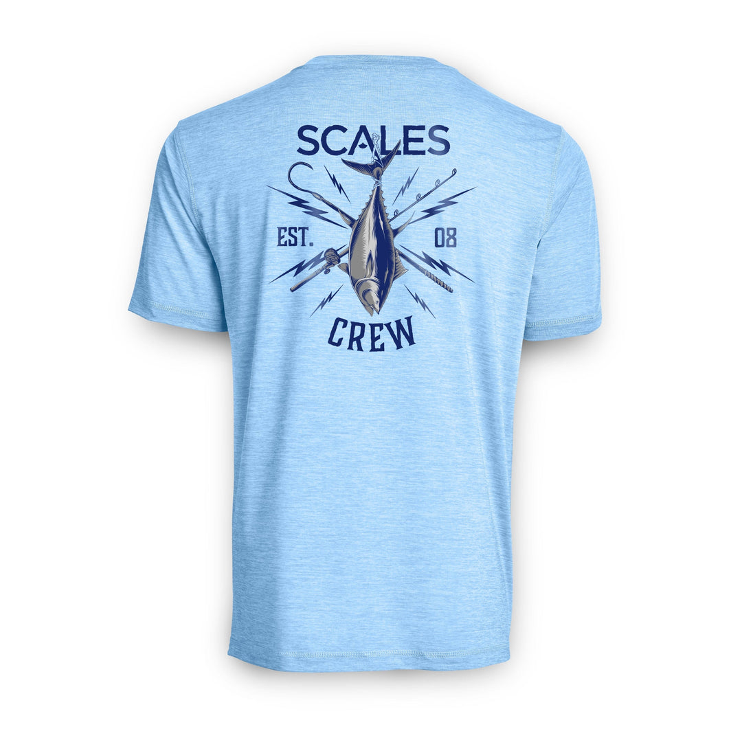 Blue and gold short sleeve active performance tee from Scalesgear.com, featuring a comfortable fit and stylish design.