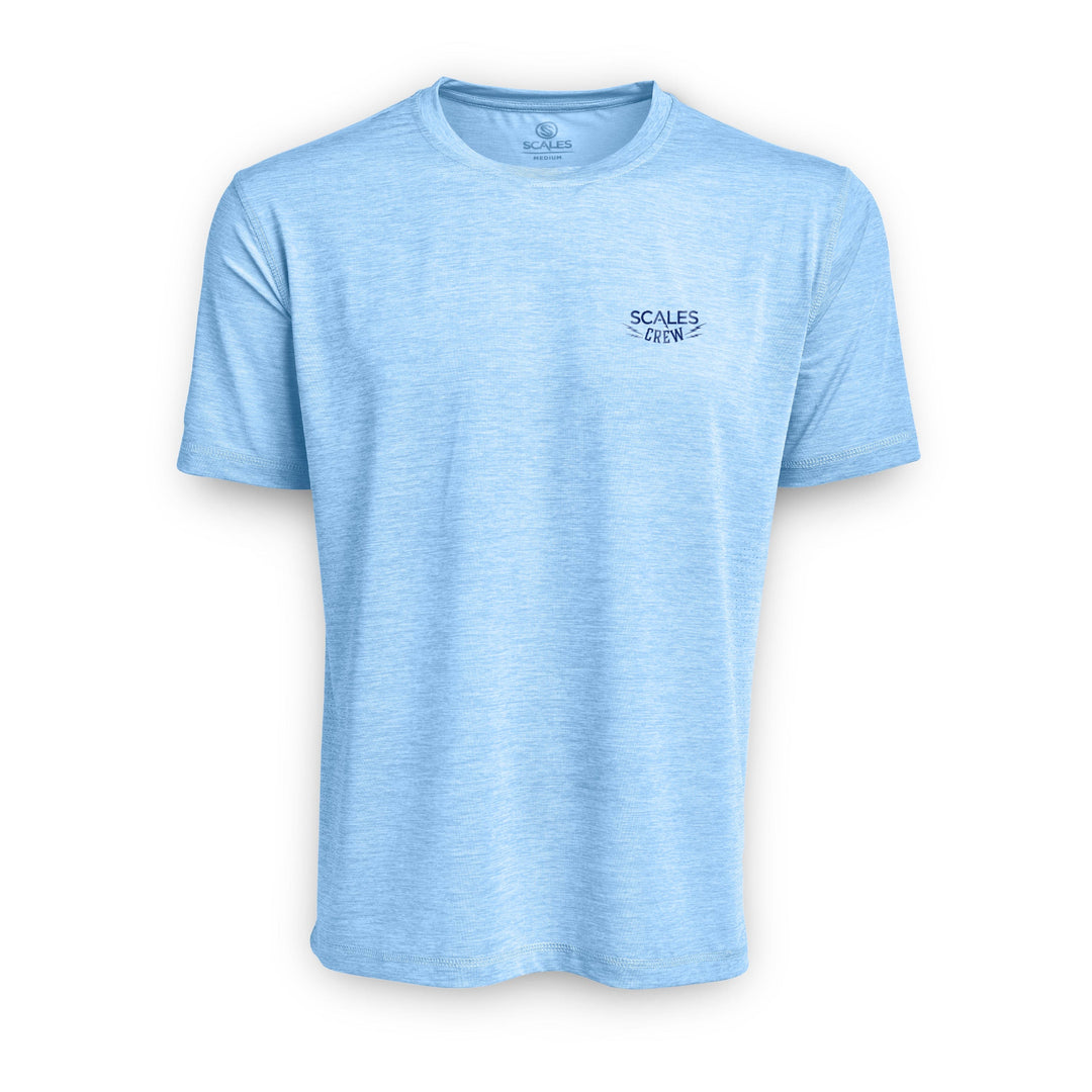 Blue and gold short sleeve active performance tee by Scalesgear.com, with a grey heather fabric and athletic fit.