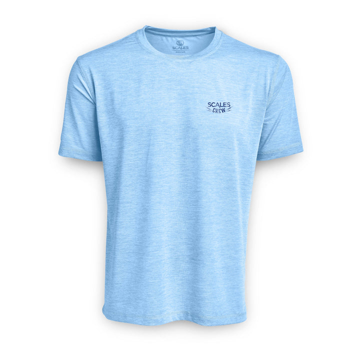 Blue and gold short sleeve active performance tee by Scalesgear.com, with a grey heather fabric and athletic fit.