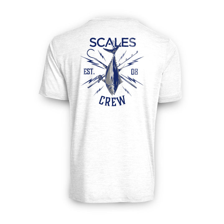 Blue and gold short sleeve active performance tee from Scalesgear.com, featuring a comfortable, breathable design in grey heather.