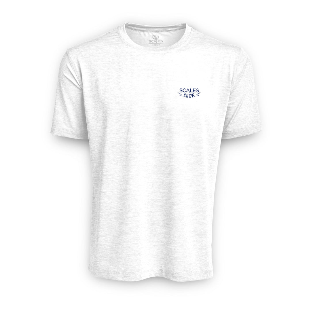 Blue and gold Scalesgear active performance short sleeve tee in grey heather fabric, designed for sports and active wear.