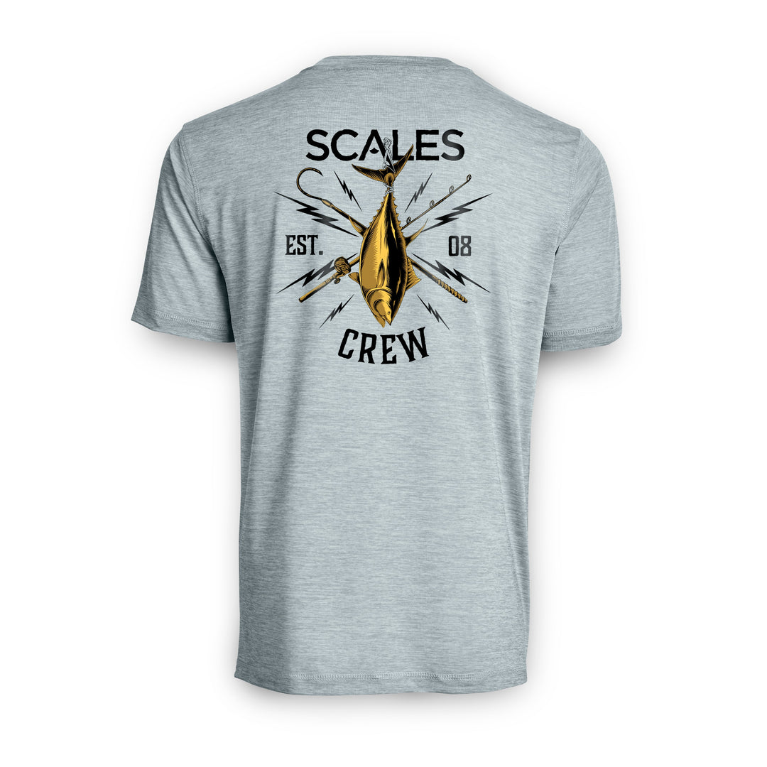 Blue and gold short sleeve active performance tee from Scalesgear, featuring a comfortable fit and lightweight athletic fabric.