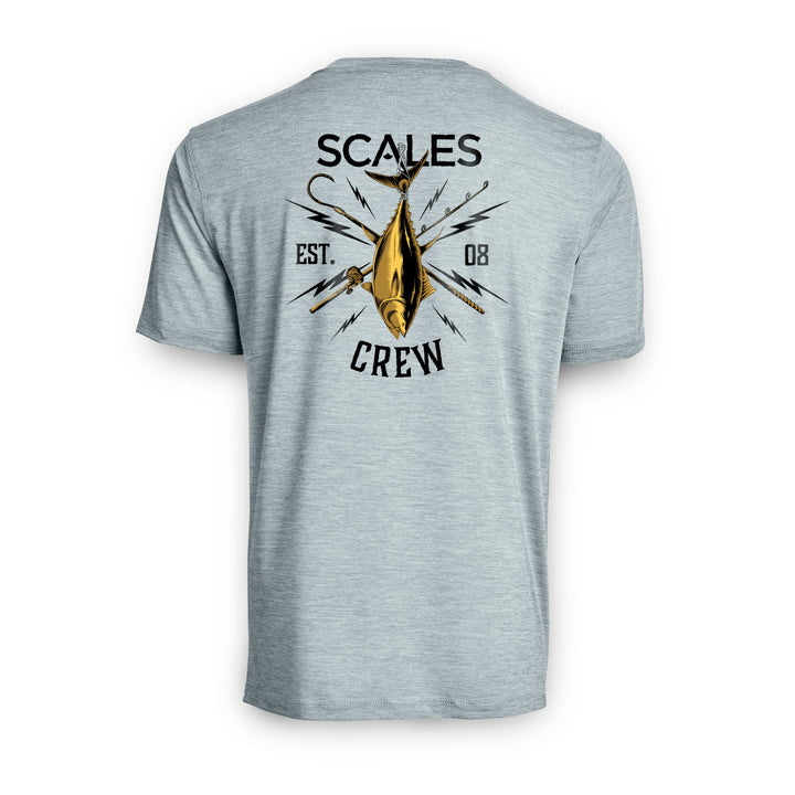 Blue and gold short sleeve active performance tee from Scalesgear, featuring a comfortable fit and lightweight athletic fabric.