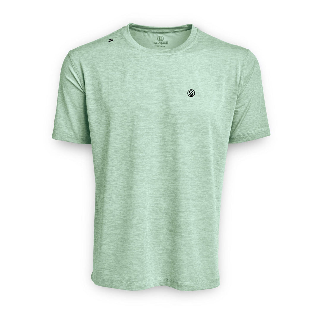 Navy Heather short sleeve active performance tee by Scalesgear.com, lightweight and breathable athletic shirt with logo detail.