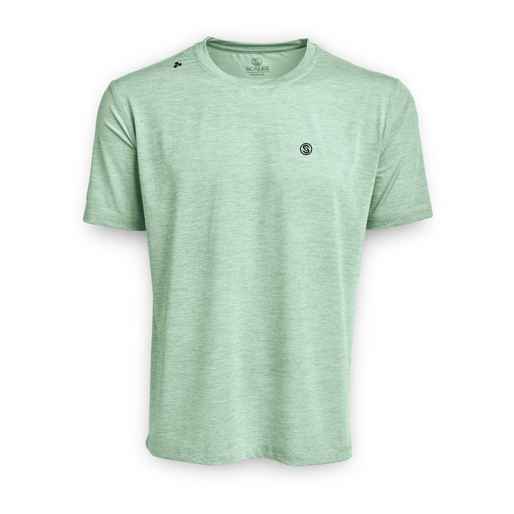 Navy Heather short sleeve active performance tee by Scalesgear.com, lightweight and breathable athletic shirt with logo detail.