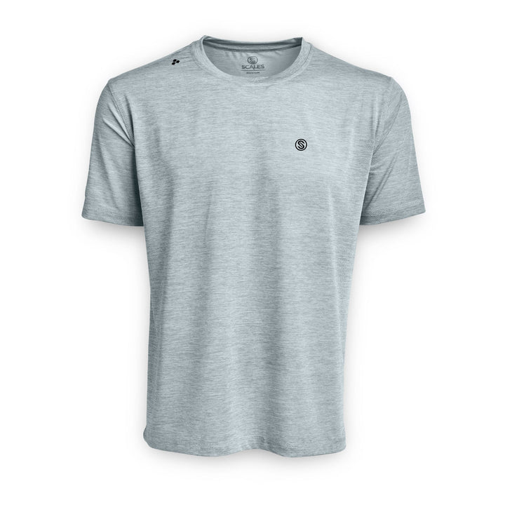 Navy heather short sleeve active performance tee by Scalesgear.com, featuring a comfortable fit and breathable fabric.