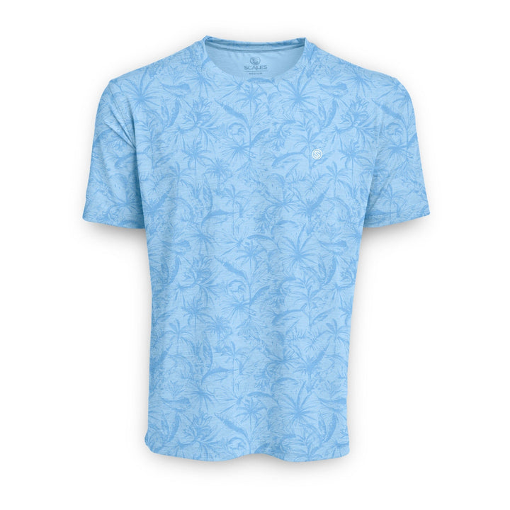 Powder blue heather short sleeve active performance tee by Scalesgear.com with loose line design and breathable fabric.