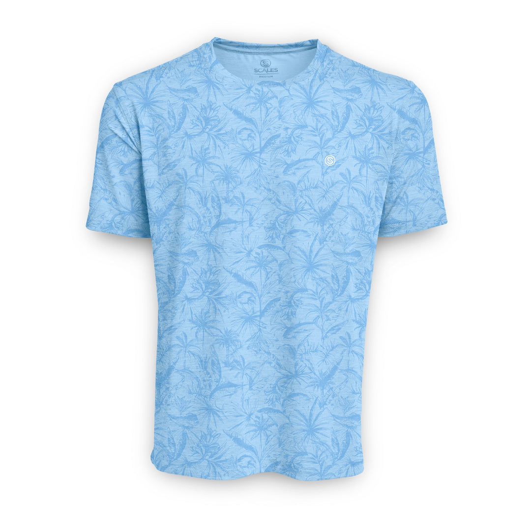Powder blue heather short sleeve active performance tee by Scalesgear.com with loose line design and breathable fabric.