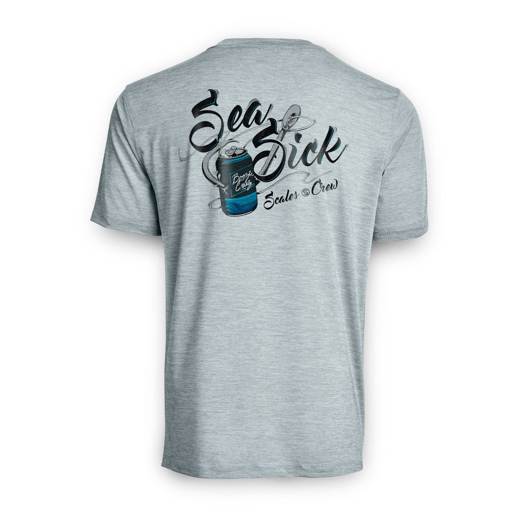 Grey Heather Sea Sick short sleeve active performance tee by Scalesgear.com, showing a comfortable, breathable athletic shirt with logo detail.
