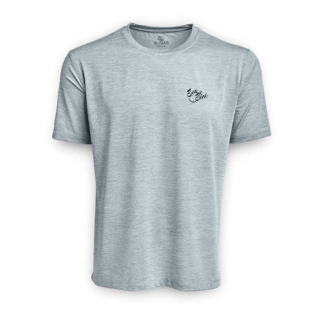Grey Heather Sea Sick short sleeve active performance tee by Scalesgear.com, showing a lightweight, breathable athletic shirt.