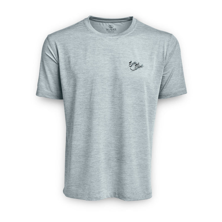 Grey Heather Sea Sick short sleeve active performance tee by Scalesgear.com, showing a lightweight, breathable athletic shirt.