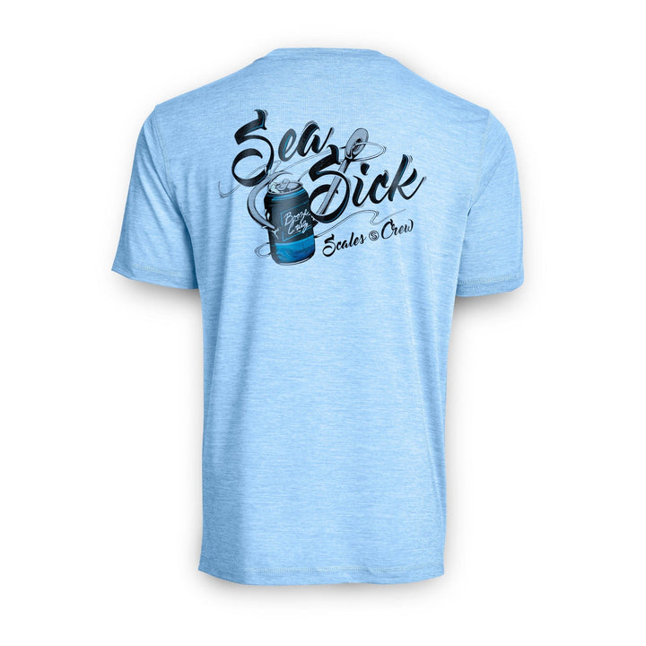 Blue Sea Sick short sleeve active performance tee by Scalesgear.com, lightweight fabric with a casual fit and sea-themed graphic print.