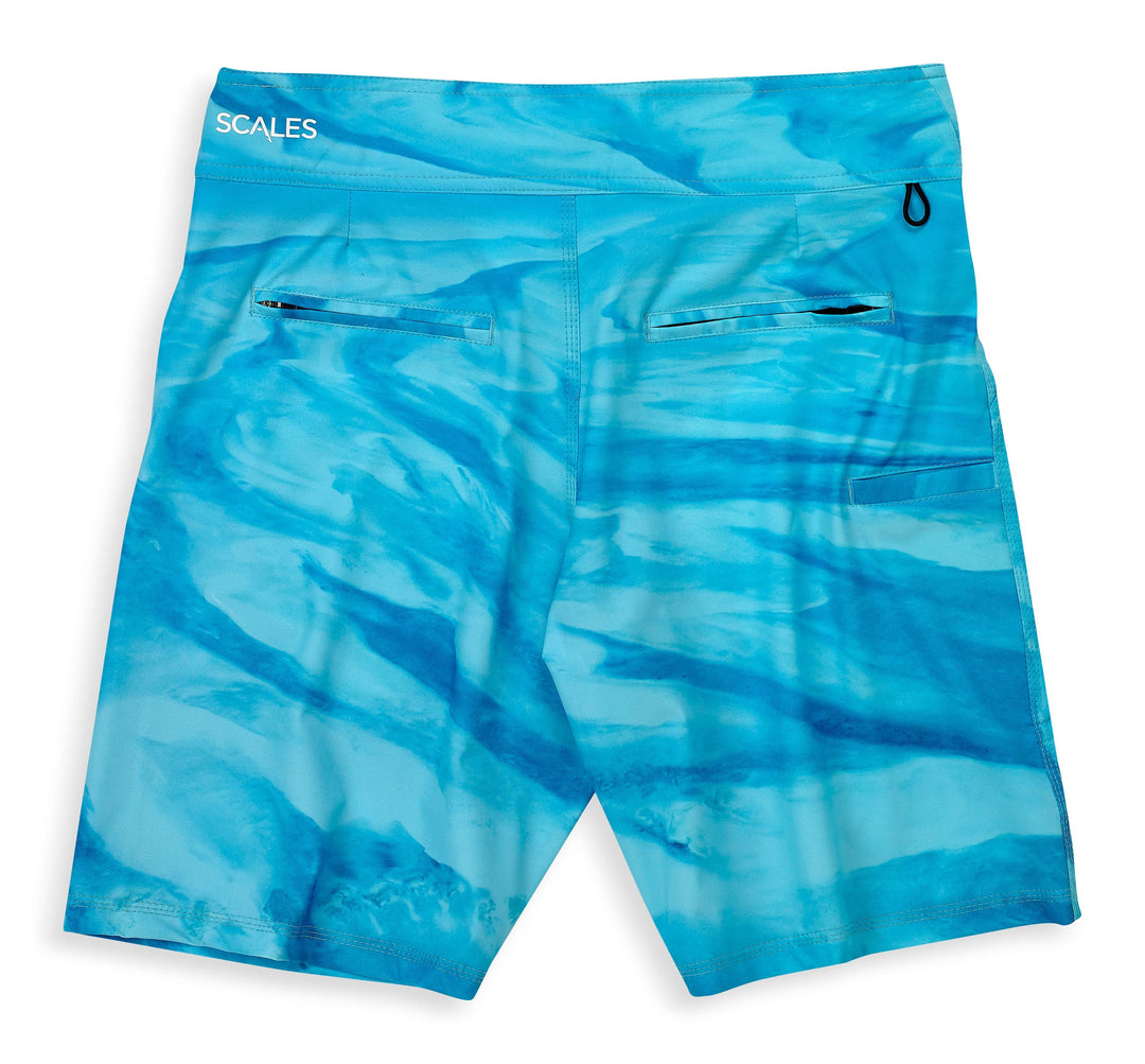 Bahamas Current First Mates Boardshorts by Scalesgear.com, blue and white patterned swim shorts with adjustable waistband.