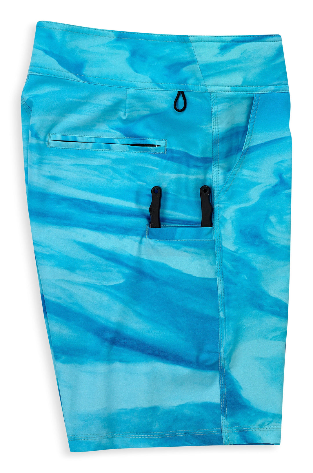 Bahamas Current First Mates Boardshorts by Scalesgear.com, featuring a vibrant blue and white maritime print with adjustable waistband.