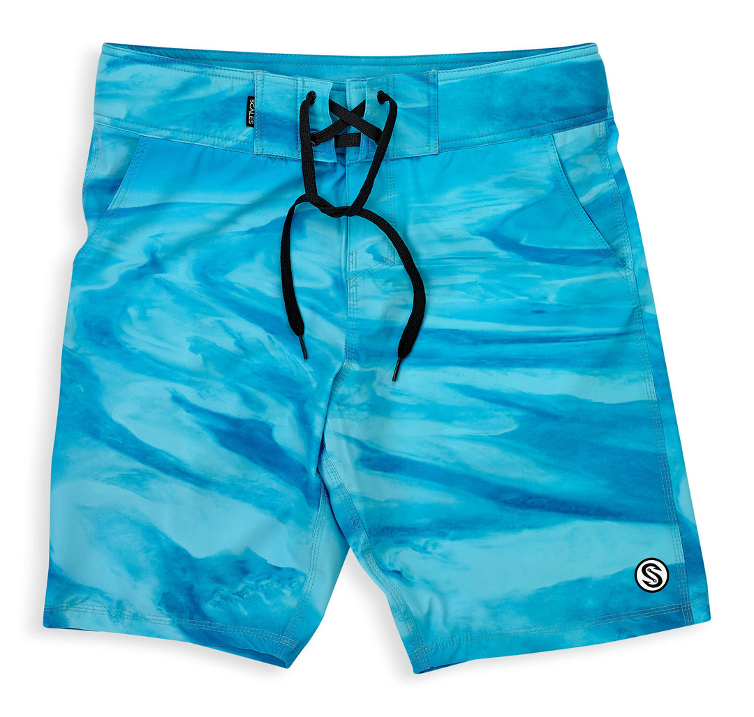 Bahamas Current First Mates Boardshorts by Scalesgear.com featuring a vibrant ocean-inspired print with a W30 fit.