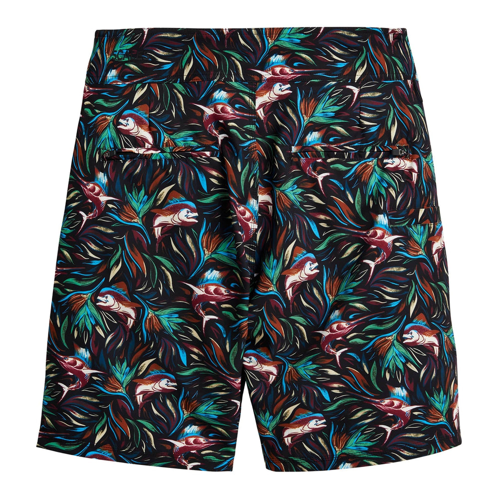 Black Flower Strike First Mates boardshorts by Scalesgear.com with floral pattern and adjustable waistband for comfortable fit.
