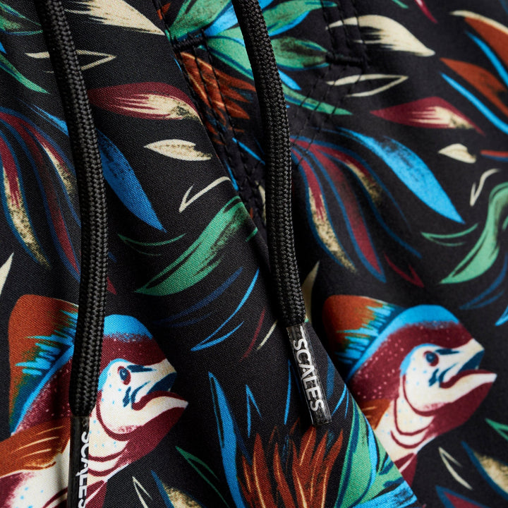 Black Flower Strike First Mates boardshorts by Scalesgear.com with floral pattern and adjustable waistband.