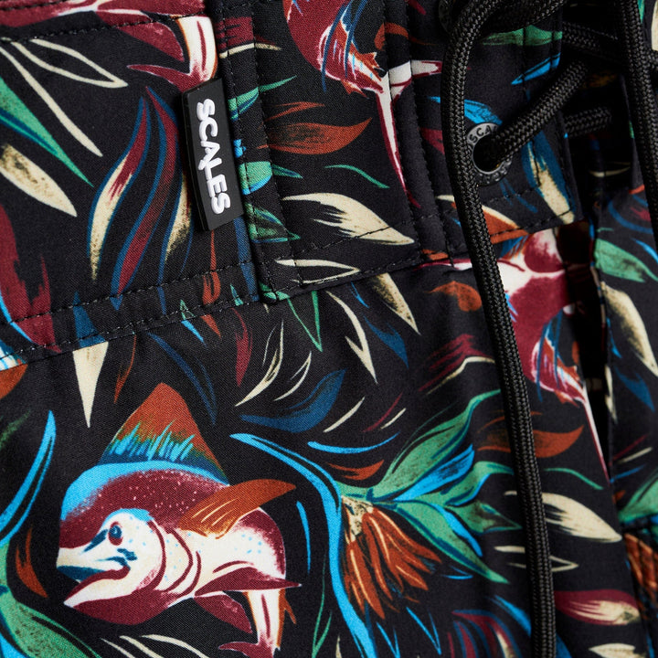 Black Flower Strike First Mates Boardshorts from Scalesgear.com with floral pattern and comfortable elastic waistband.