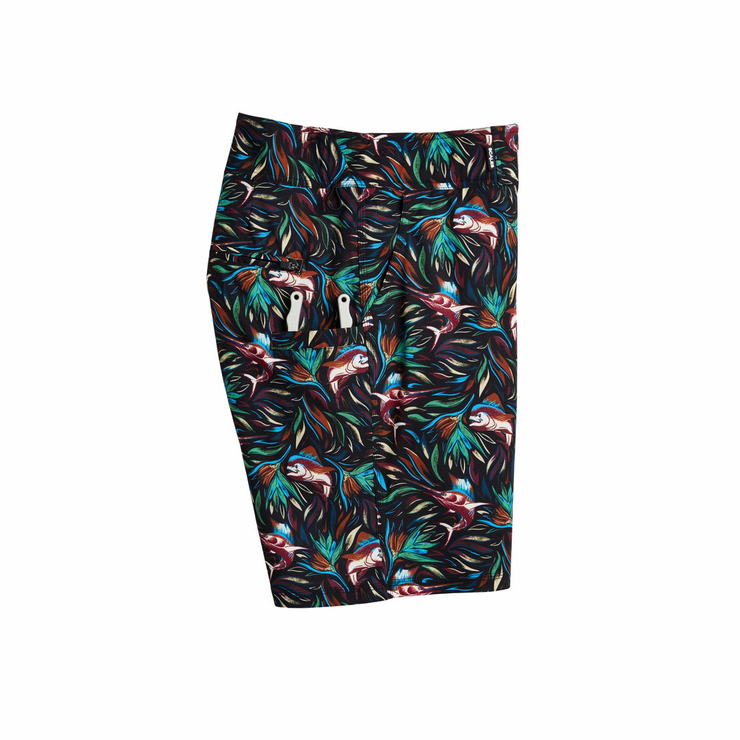 Black Flower Strike First Mates boardshorts by Scalesgear.com with floral pattern and elastic waistband, suitable for beach or casual wear.