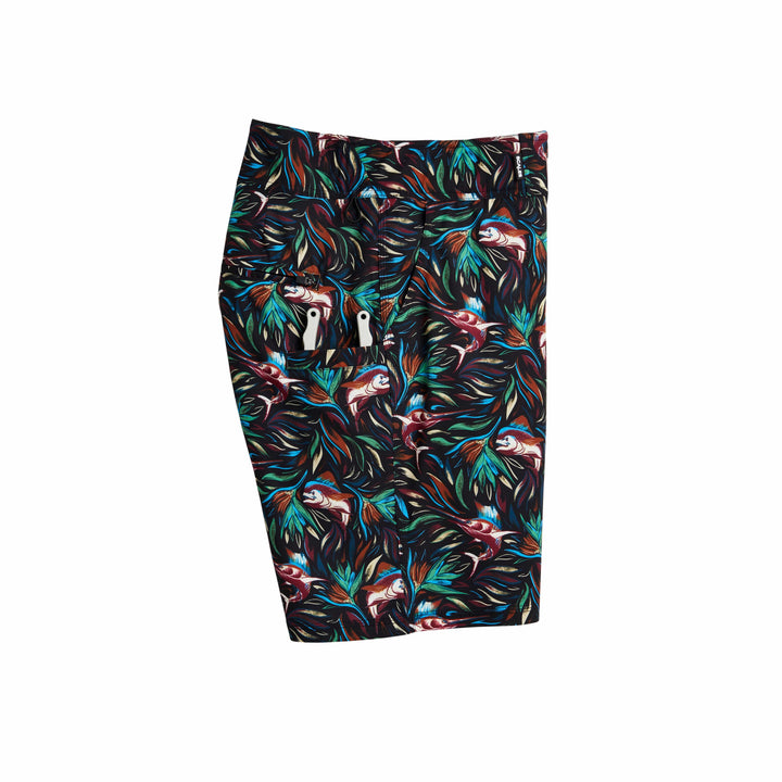 Black Flower Strike First Mates boardshorts by Scalesgear.com with floral pattern and elastic waistband, suitable for beach or casual wear.