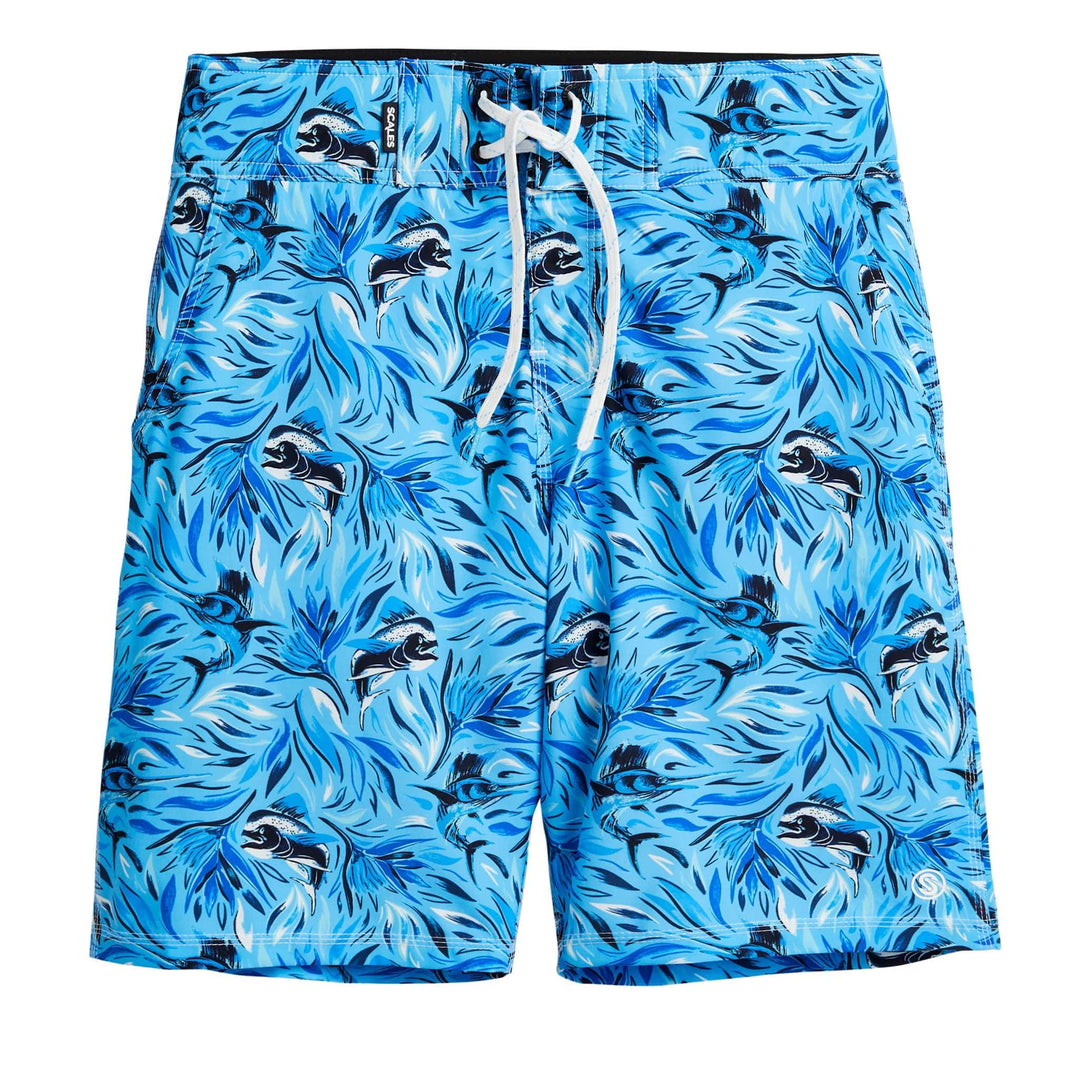 Powder blue Flower Strike First Mates boardshorts by Scalesgear.com with floral design and elastic waistband, front view.