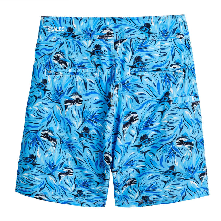 Powder blue Flower Strike First Mates boardshorts by Scalesgear.com with floral pattern and comfortable fit.