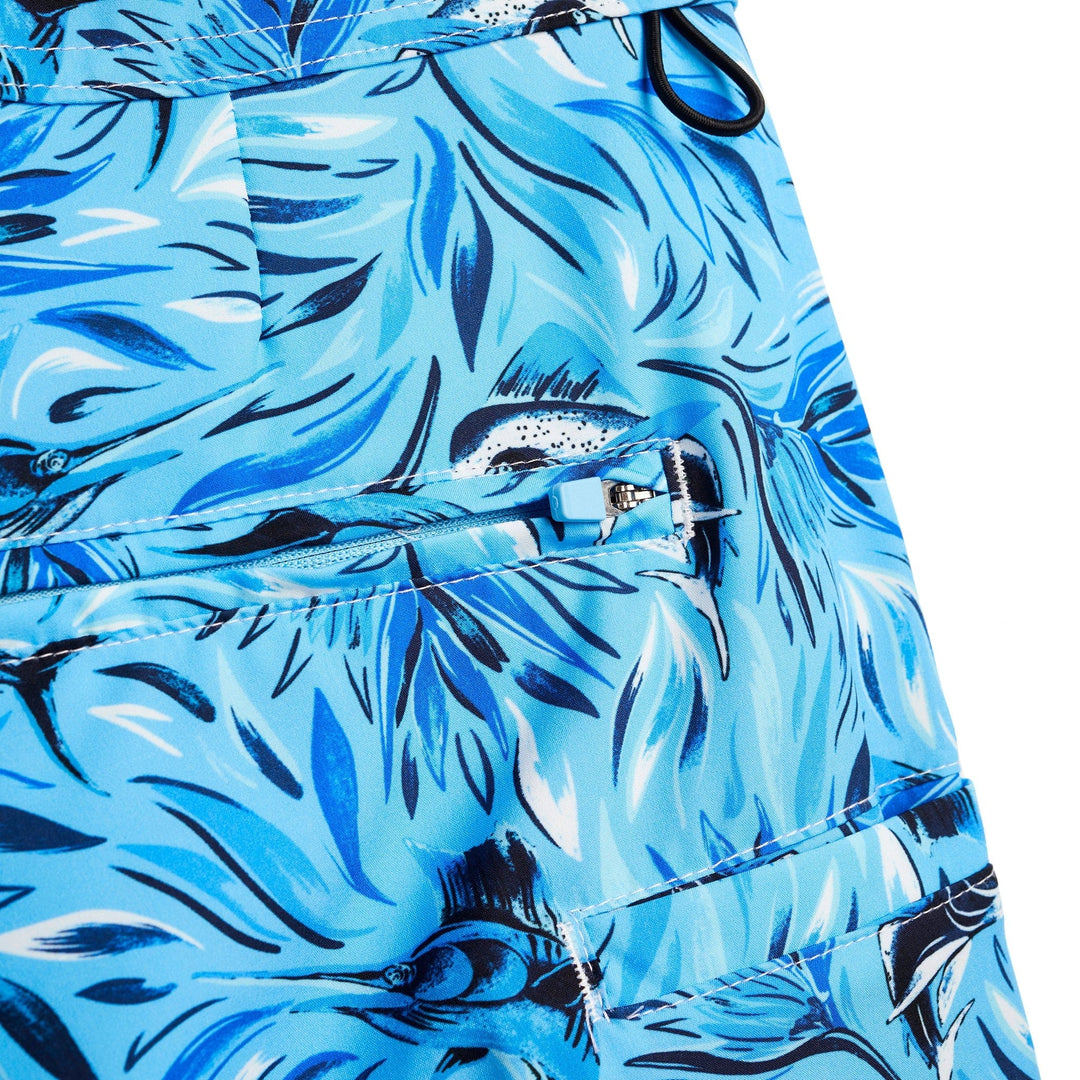 Powder blue Flower Strike First Mates boardshorts by Scalesgear.com with floral pattern and adjustable waistband.