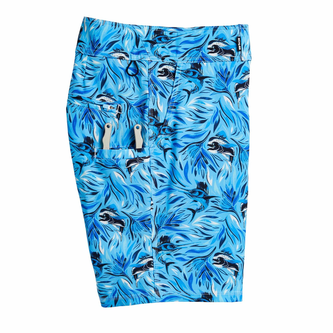 Powder blue Flower Strike First Mates boardshorts by Scalesgear.com with floral pattern and comfortable waistband for men's swimwear.
