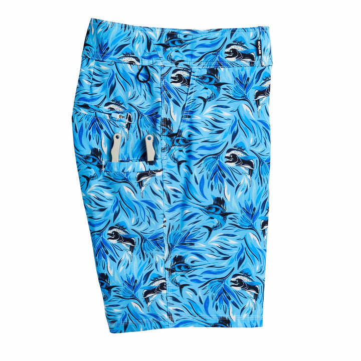 Powder blue Flower Strike First Mates boardshorts by Scalesgear.com with floral pattern and comfortable waistband for men's swimwear.