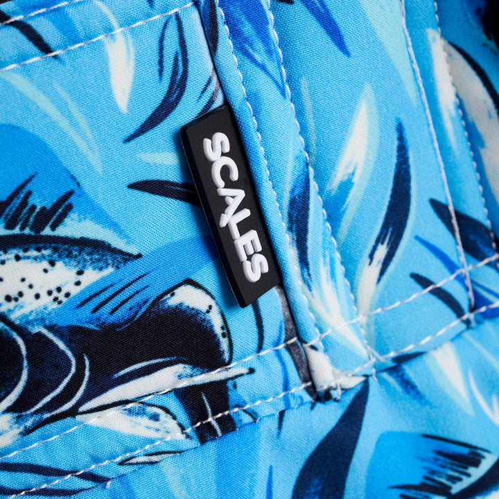 Flower Strike First Mates boardshorts by Scalesgear in powder blue with floral pattern, quick-drying swimwear for men