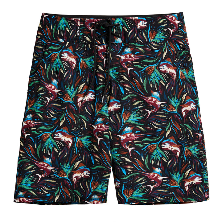Black Flower Strike First Mates Boardshorts by Scalesgear featuring floral pattern and adjustable waistband for men.