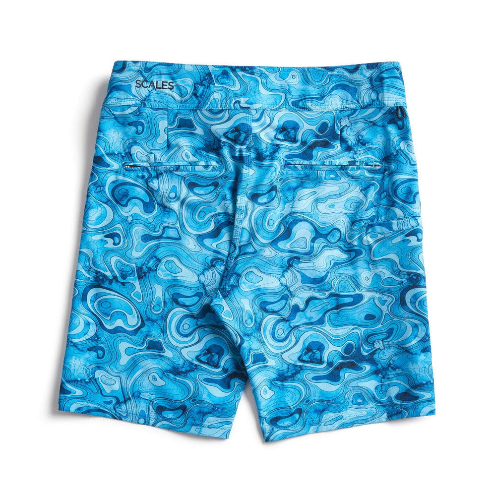 Pair of Topo First Mates Boardshorts by Scalesgear.com featuring floral pattern, elastic waistband, and quick-dry fabric.