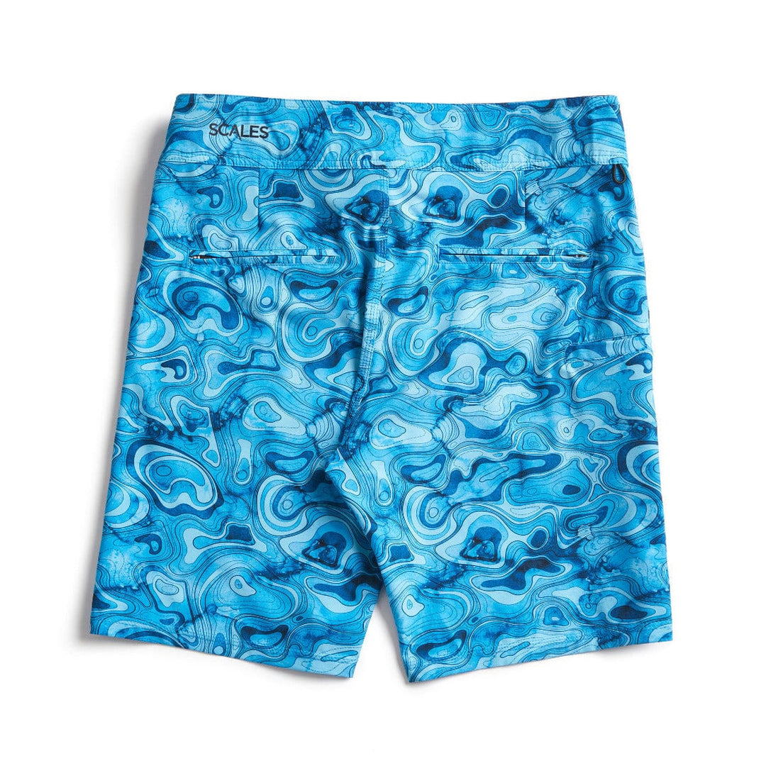 Pair of Topo First Mates Boardshorts by Scalesgear.com featuring floral pattern, elastic waistband, and quick-dry fabric.