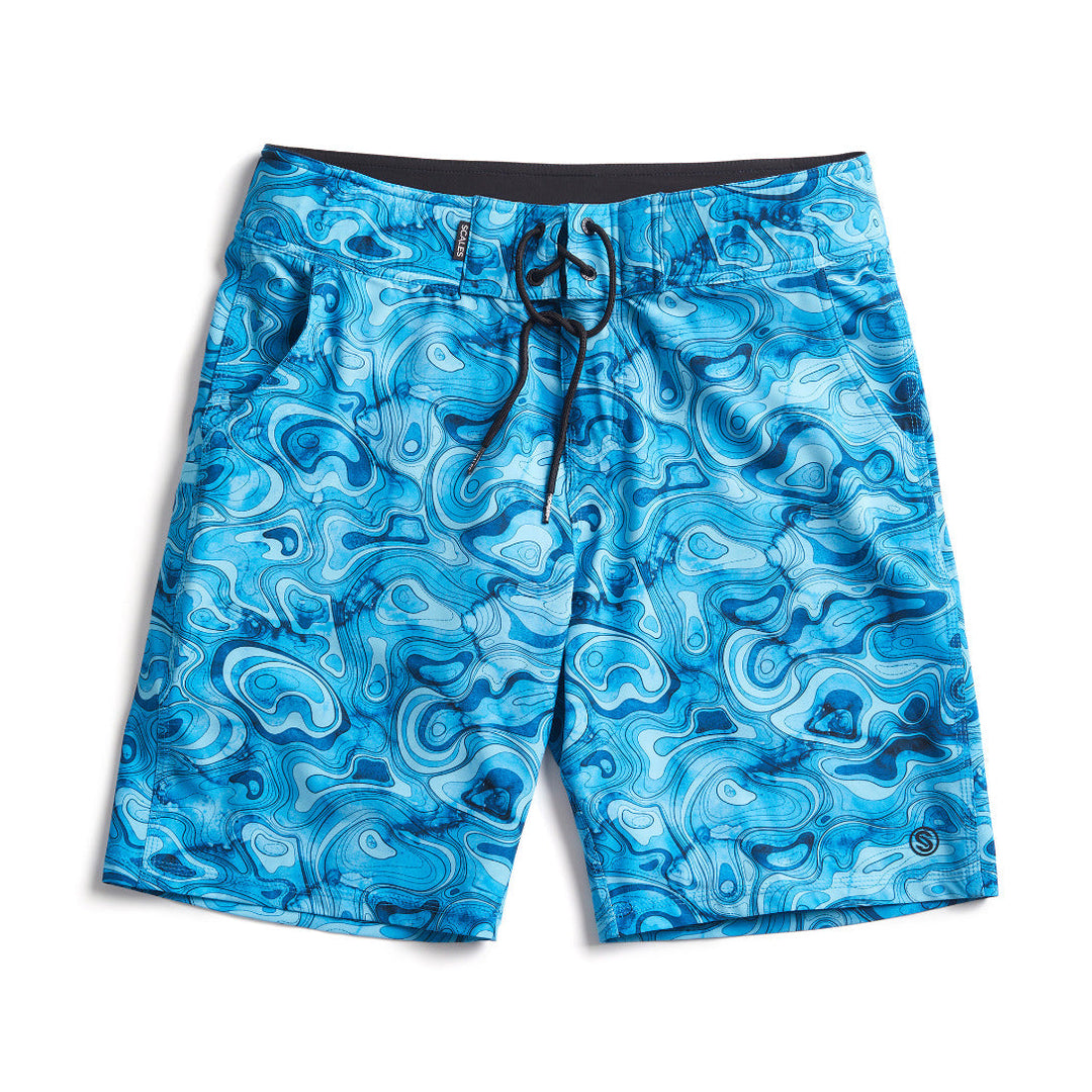 Scalesgear.com Topo First Mates Boardshorts featuring a colorful nautical print and adjustable waistband for beachwear.