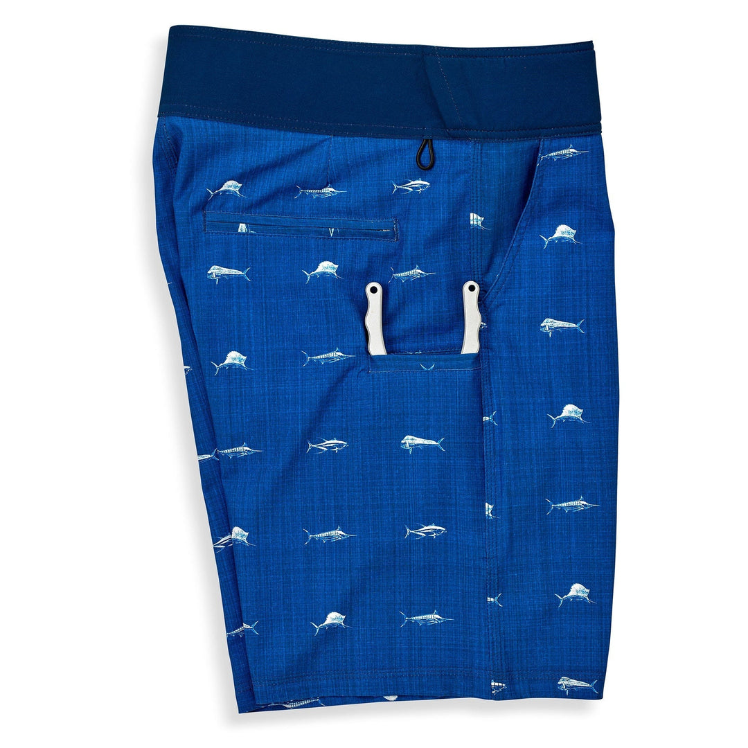Blue Clean Fish First Mates boardshorts by Scalesgear.com with a fish and ocean wave pattern, casual swimwear for men.