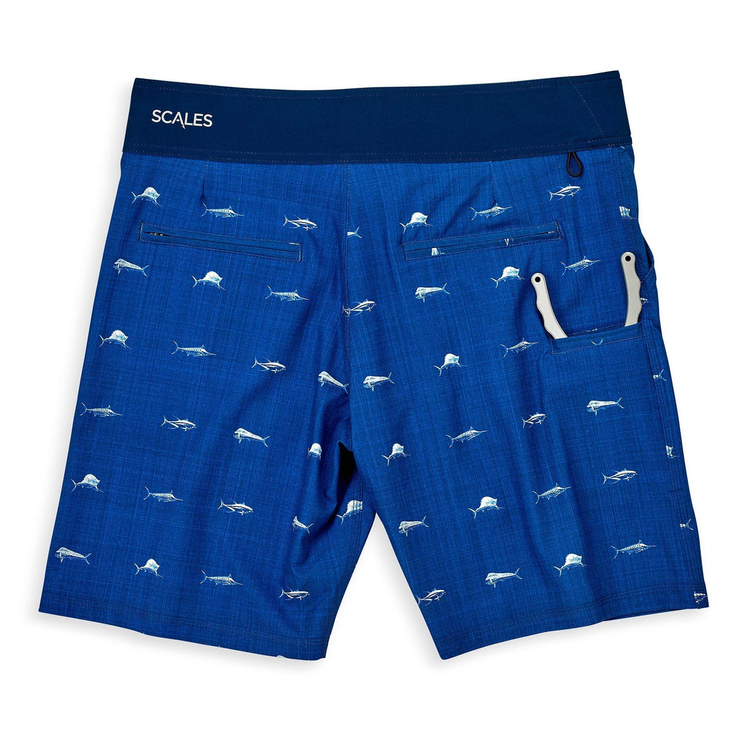 Blue Clean Fish First Mates boardshorts by Scalesgear.com featuring a fish pattern and comfortable fit for beach or pool days.