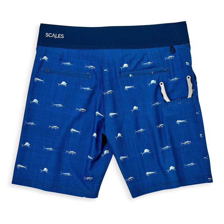 Blue Clean Fish First Mates boardshorts by Scalesgear.com featuring a fish pattern and comfortable fit for beach or pool days.