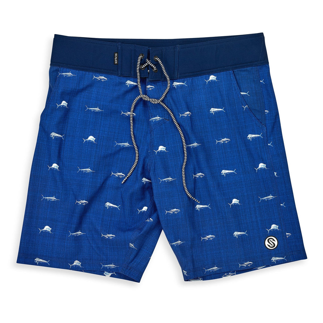Blue Clean Fish First Mates boardshorts by Scalesgear.com with a fish print design and adjustable waistband.