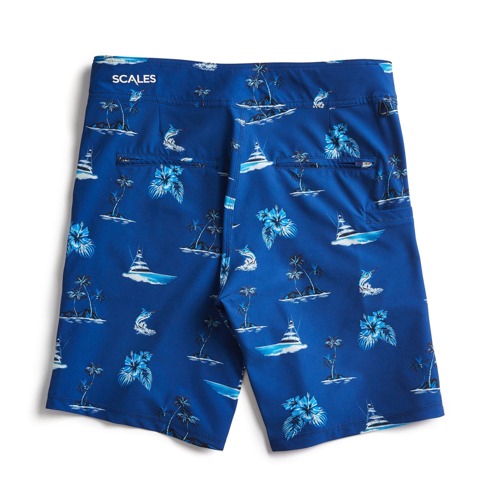 Marine blue Sporty First Mates Boardshorts by Scalesgear.com with a nautical print and elastic waistband, designed for active wear.